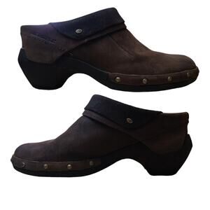Merrell Chocolate Brown Leather Luxe Wrap Studded Clogs Mules Shoes Women's 7
